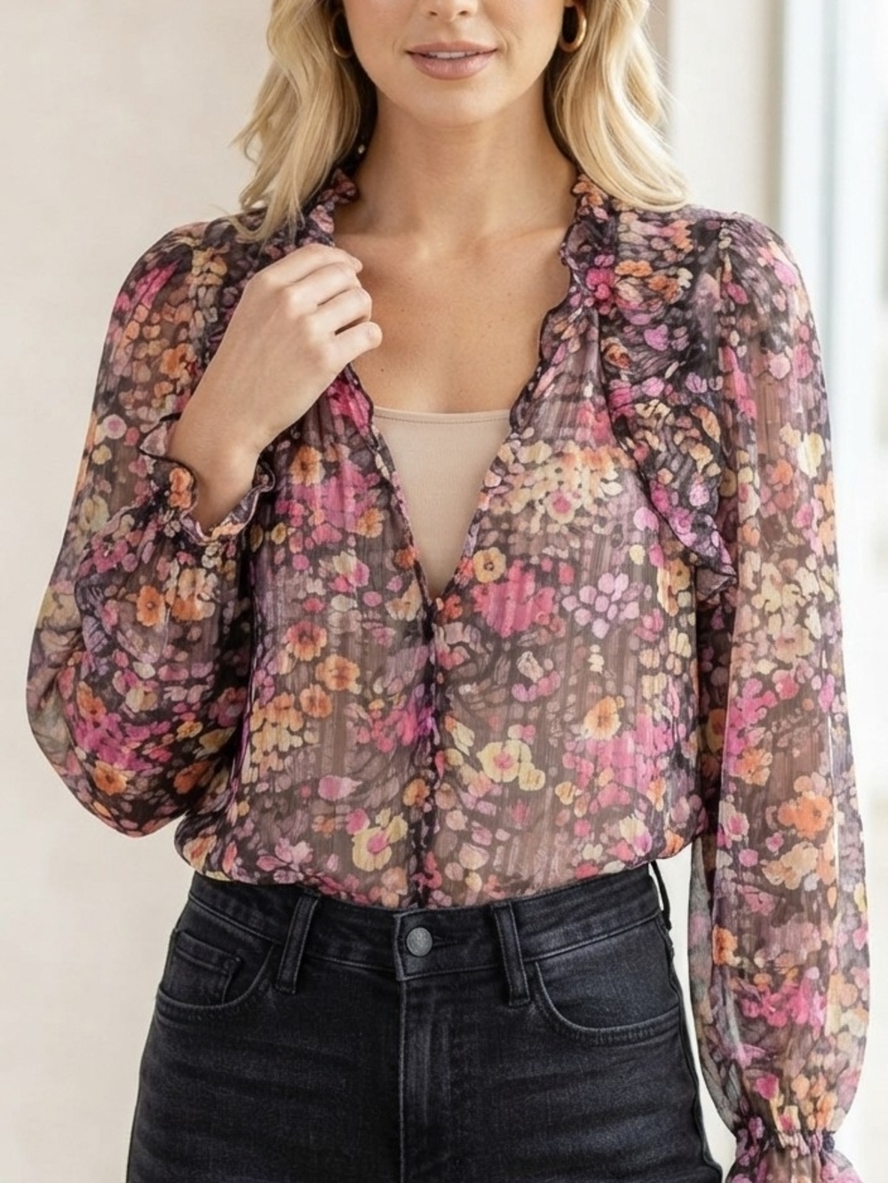 Umgee Sheer Floral Ruffle Blouse - Pink, Orange, Cream